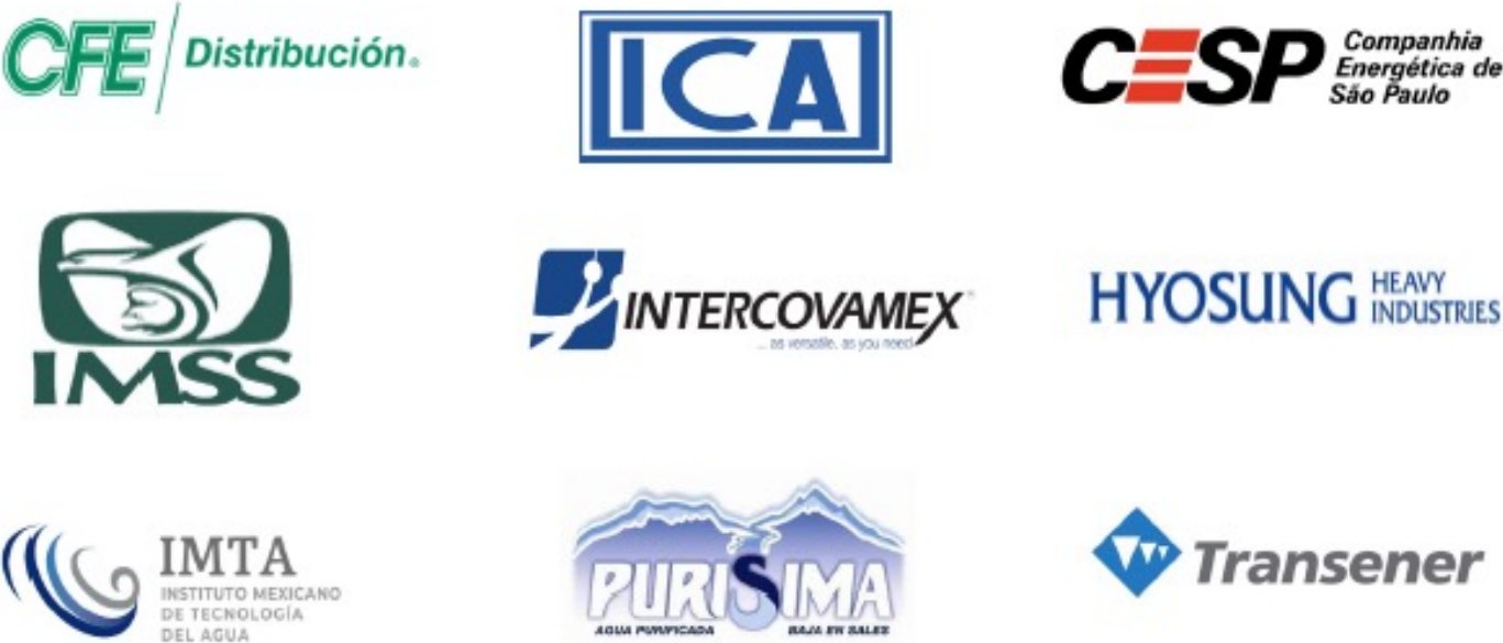 Energy and industry clients: CFE Distribucion, ICA, CESP, IMSS, Intercovamex, Hyosung, IMTA, Purisima and Transener